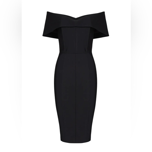 Misha Collection Black crepe off shoulder Brooklyn midi Dress Style RE1641DRBK - Picture 5 of 7